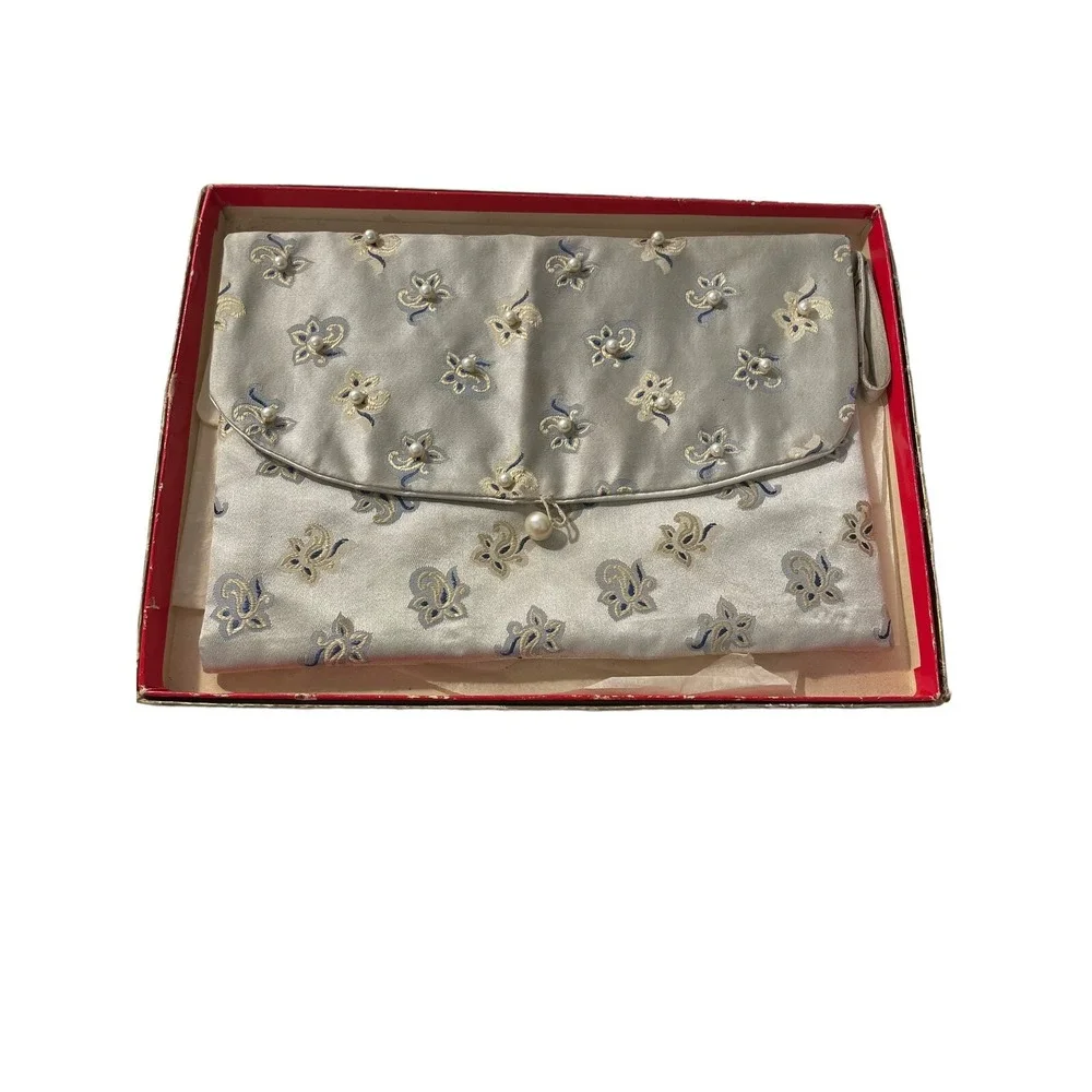 NOS Beaded‎ Clutch Purse Hand Bag In Original Gift Box Faux Pearl Floral READ